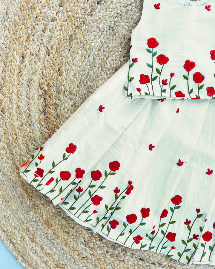 Cream & Pink Baby Girl Birthday Dress – Floral Cotton Lehenga Choli

