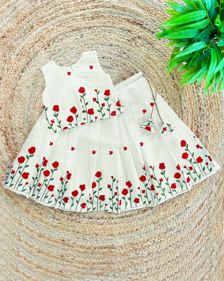 Cream & Pink Baby Girl Birthday Dress – Floral Cotton Lehenga Choli

