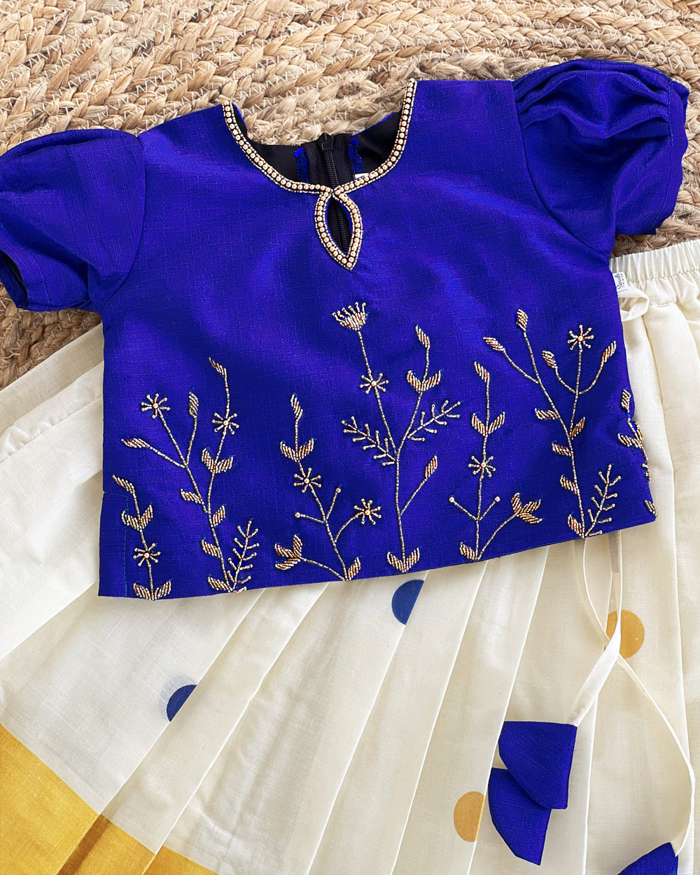 Cream and royal blue Kerala Kasavu lehenga choli – baby girls birthday dress with handwork