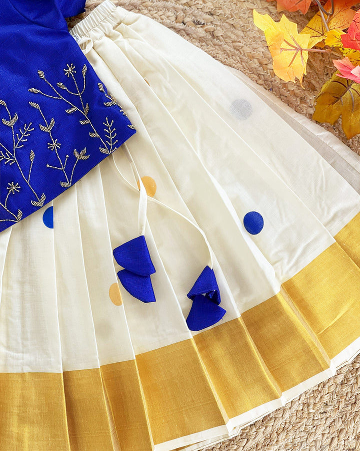 Cream and royal blue Kerala Kasavu lehenga choli – baby girls birthday dress with handwork