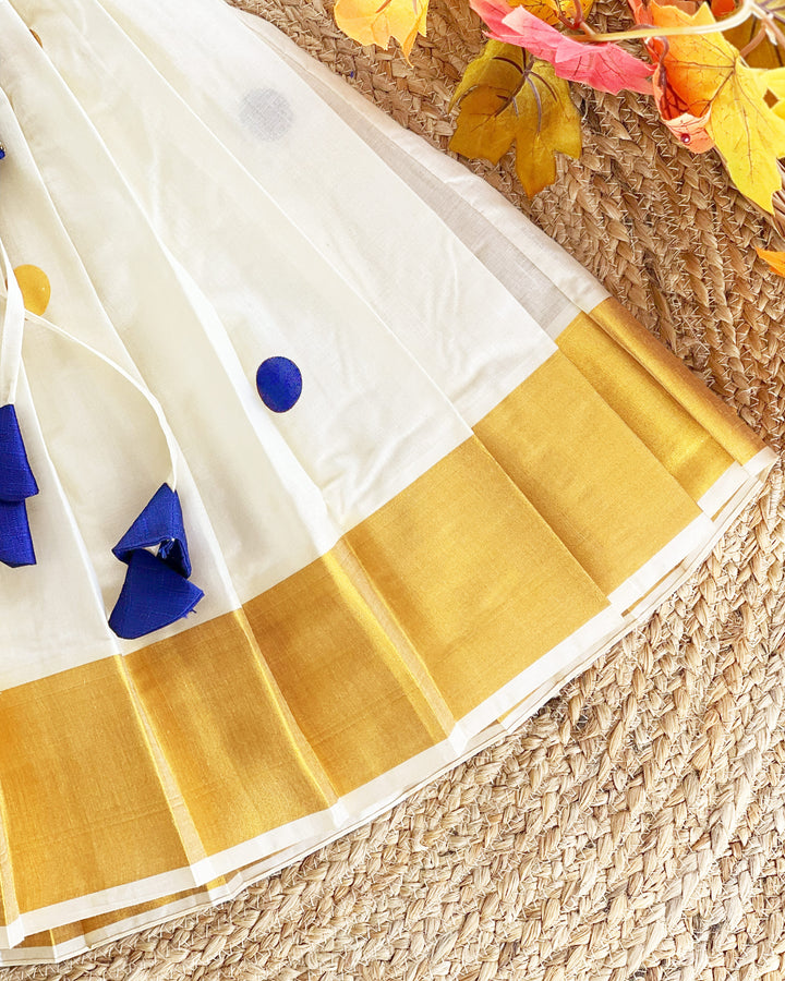 Cream and royal blue Kerala Kasavu lehenga choli – baby girls birthday dress with handwork