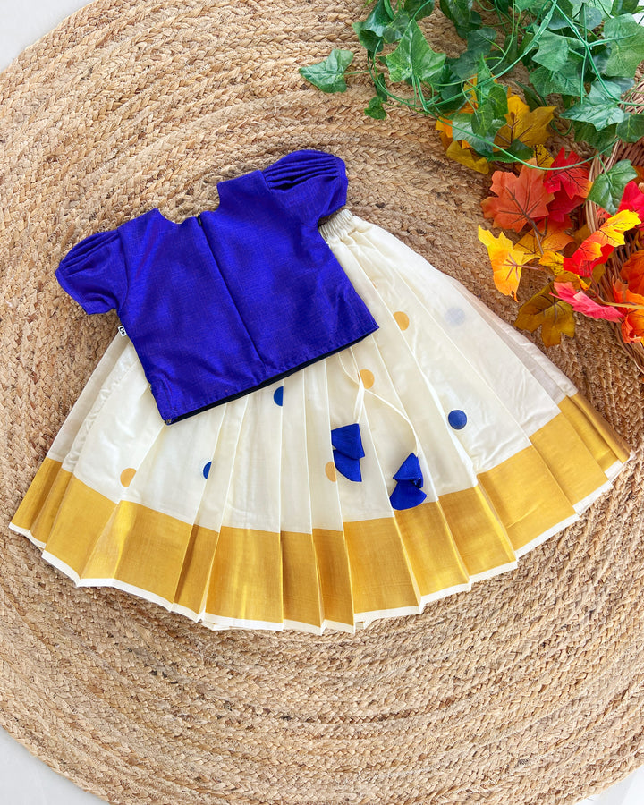 Cream and royal blue Kerala Kasavu lehenga choli – baby girls birthday dress with handwork