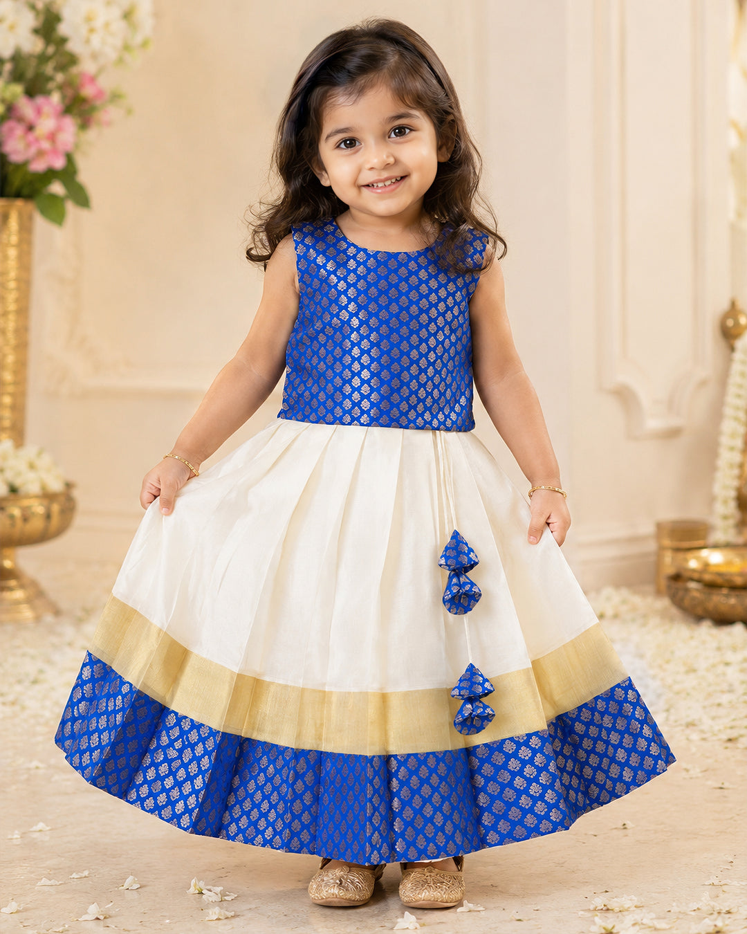 Cream royal blue Onam lehenga choli full length view for kids – Stanwells Kids