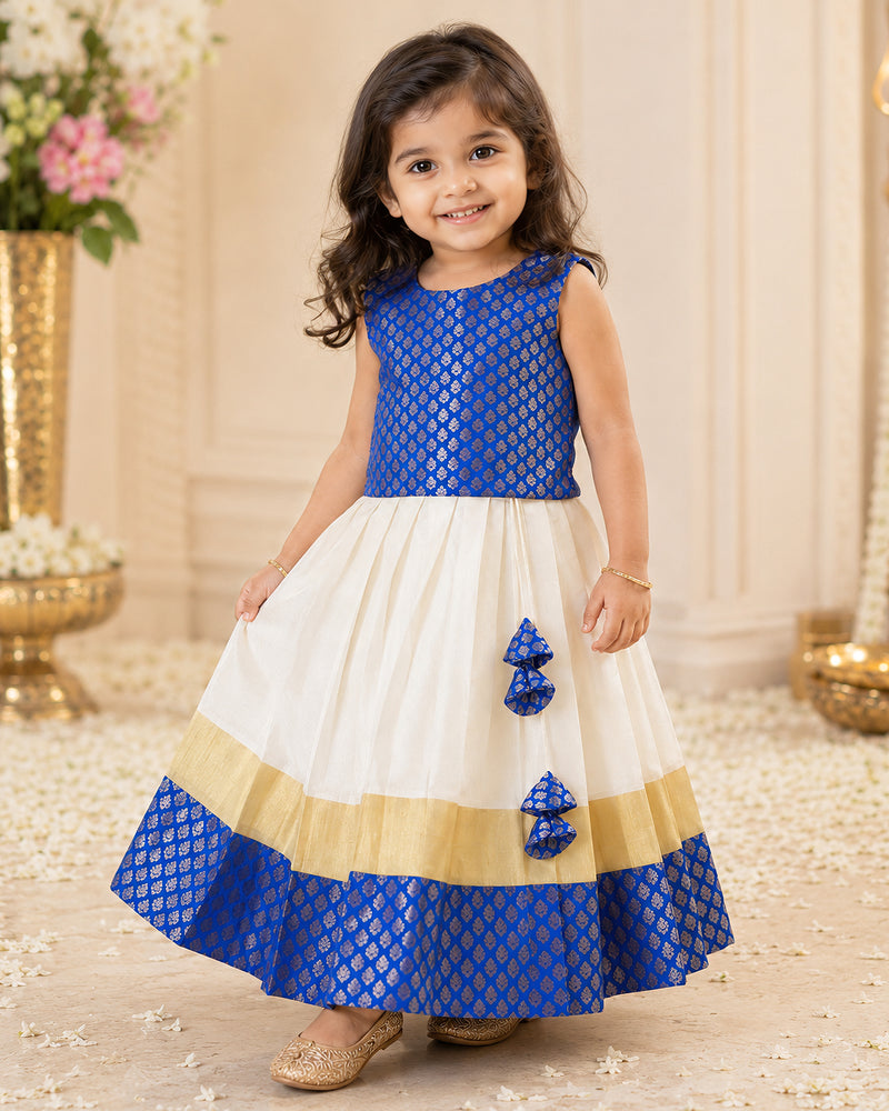 Cream Royal Blue Brocade Bow Onam Lehenga Choli for Baby Girl – Stanwells Kids