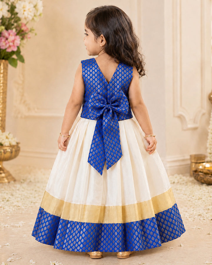 Cream royal blue brocade lehenga choli festive occasion baby girl – Stanwells Kids