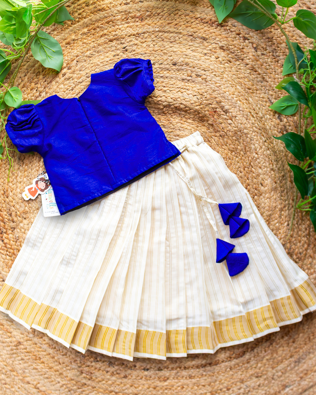 Stanwells Kids cream royal blue Onam Kerala kasavu lehenga choli brand view