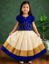 Cream Royal Blue Onam Special Kerala Kasavu Handwork Lehenga Choli for Baby Girl – Stanwells Kids