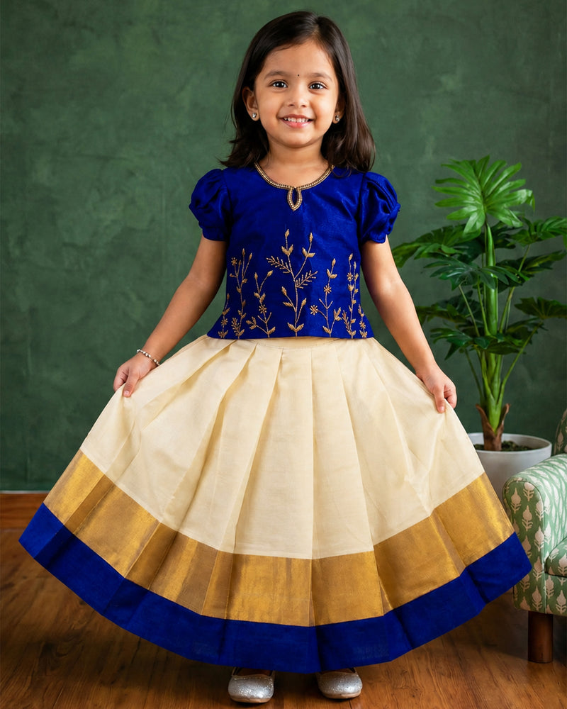Cream Royal Blue Onam Special Kerala Kasavu Handwork Lehenga Choli for Baby Girl – Stanwells Kids