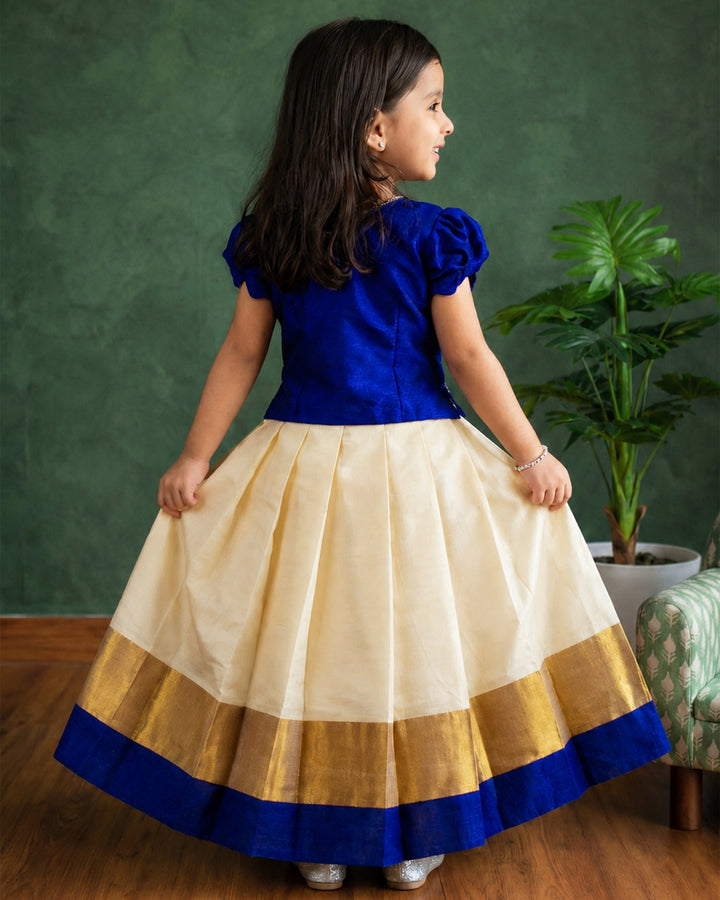Full-length view of Kerala Kasavu handwork lehenga choli