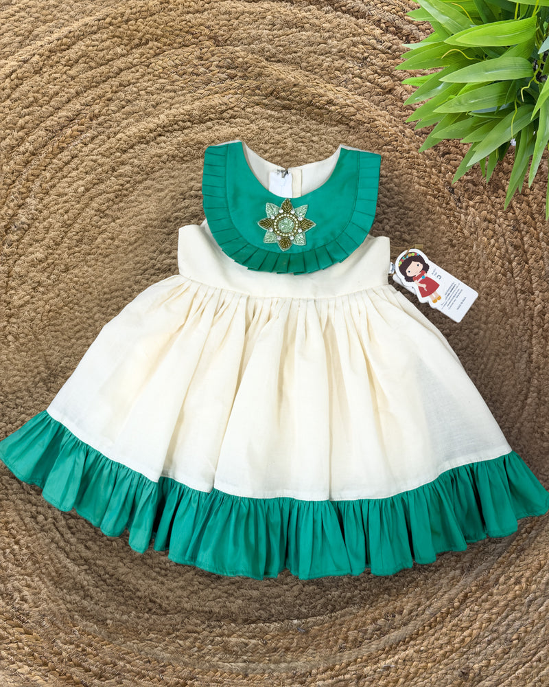 Cream & Sea Green Combo Kerala Handloom Cotton Ethnic Frock for Baby Girl – Stanwells Kids