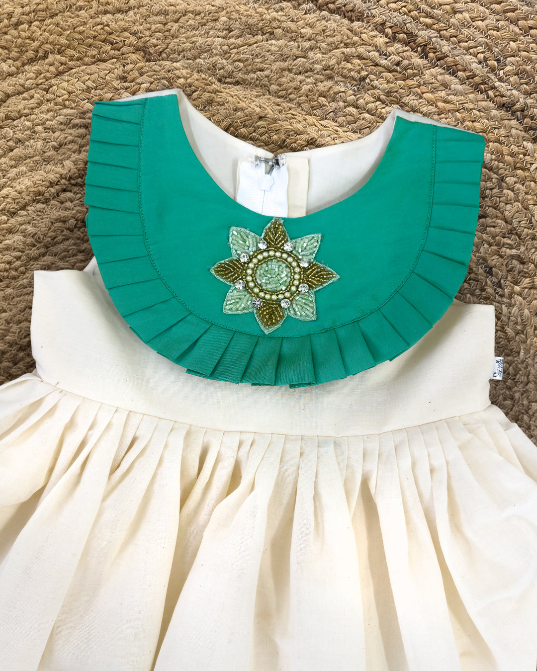 Sea green accents on cream Kerala handloom Onam ethnic frock for girls – Stanwells Kids