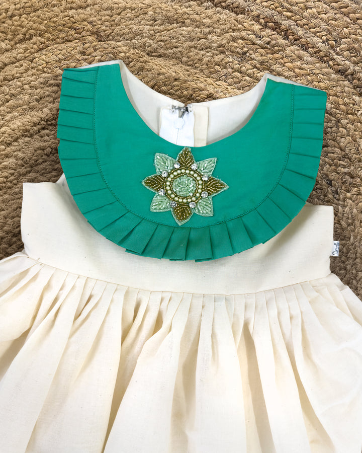 Sea green accents on cream Kerala handloom Onam ethnic frock for girls – Stanwells Kids