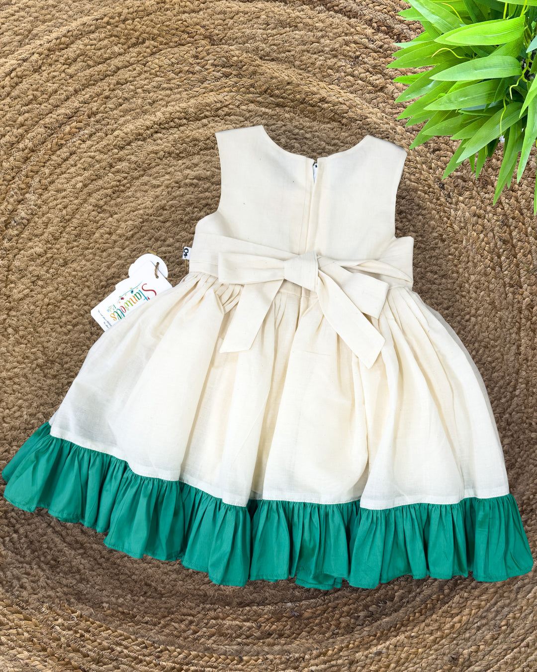 Cream sea green Kerala handloom cotton ethnic frock full look for baby girl – Stanwells Kids