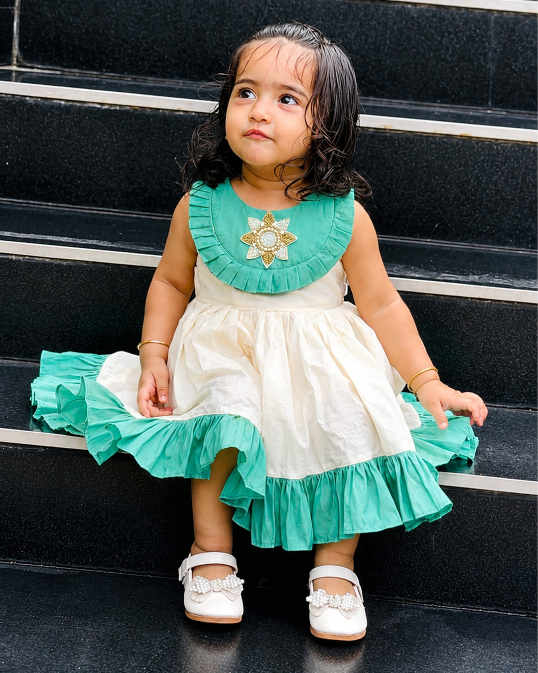 Cream and sea green Kerala handloom cotton ethnic frock for baby girl – front view, Stanwells Kids