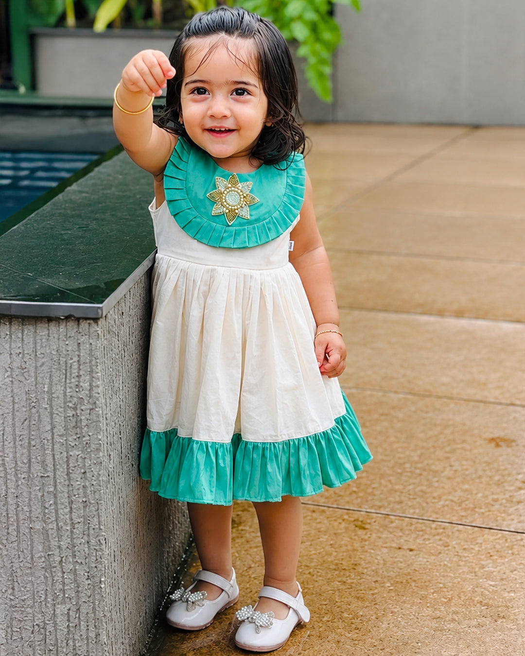 Sea green accents on cream Kerala handloom Onam ethnic frock for girls – Stanwells Kids