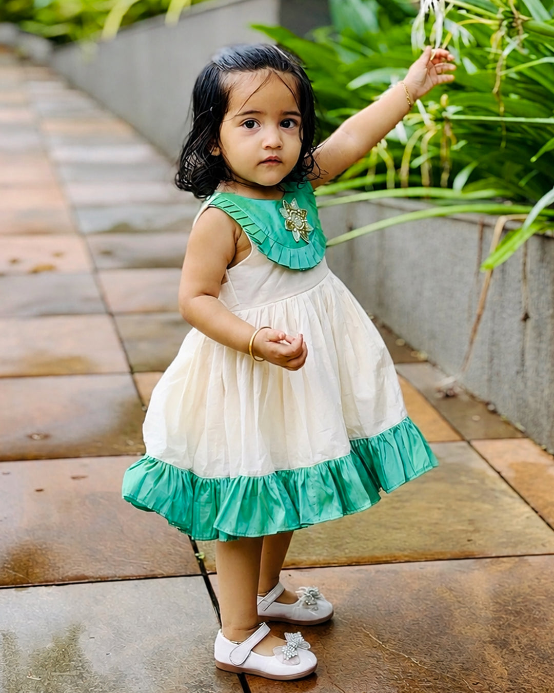 Sea green accents on cream Kerala handloom Onam ethnic frock for girls – Stanwells Kids