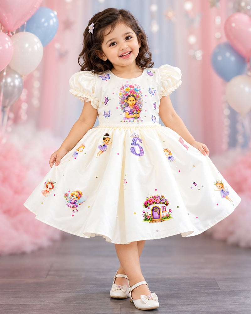 Cream Shade Photo Printed Custom Fairy Birthday Theme Frock for Baby Girl – Stanwells Kids
