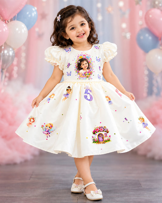 Cream satin custom photo print fairy birthday theme frock for baby girl – front view, Stanwells Kids
