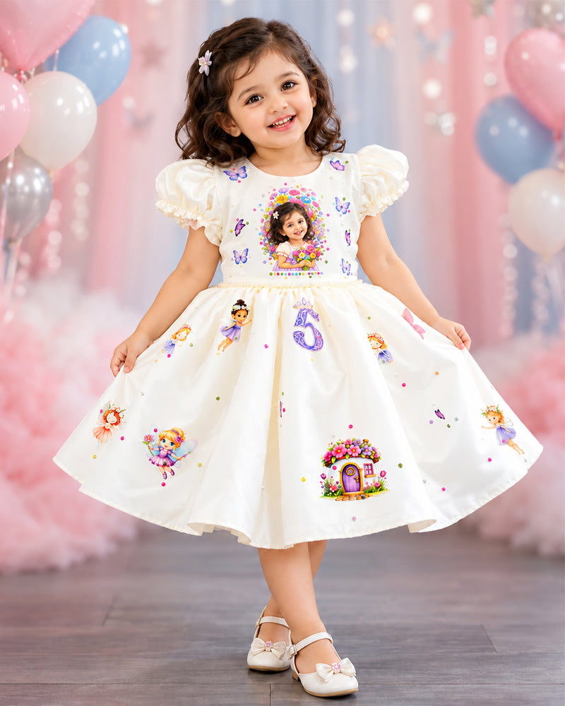 Cream Shade Photo Printed Custom Fairy Birthday Theme Frock for Baby Girl – Stanwells Kids
