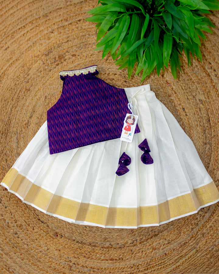 Cream and violet traditional Kerala cotton handloom lehenga choli for baby girl – front view, Stanwells Kids