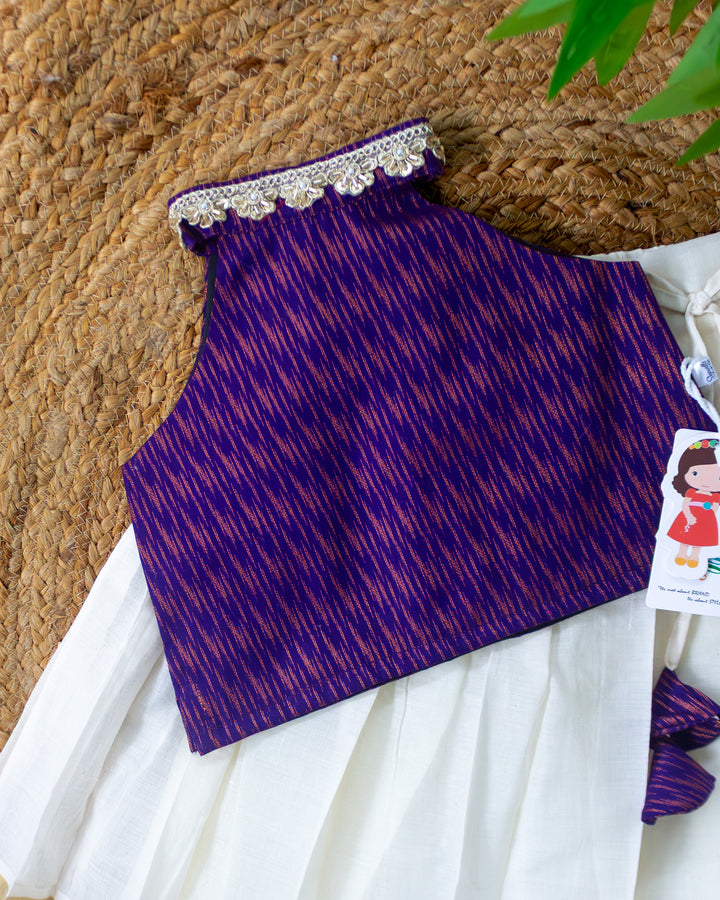 Classic ethnic silhouette cream violet Kerala handloom lehenga choli – Stanwells Kids