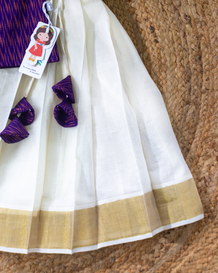 Cream violet Kerala cotton handloom lehenga choli full look for baby girl – Stanwells Kids