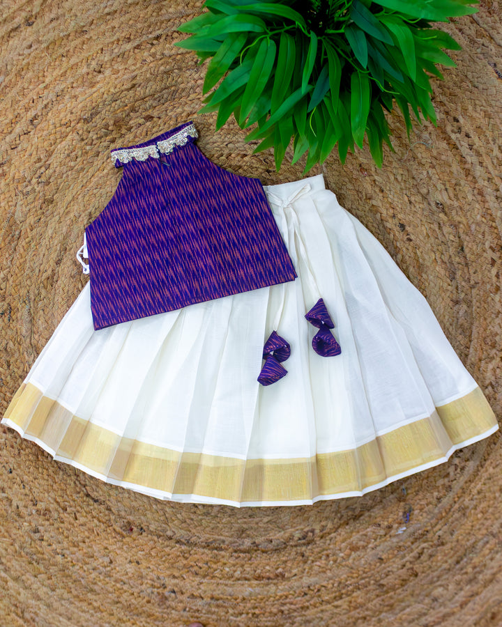 Traditional Onam cream violet Kerala cotton lehenga choli for girls 3 months to 7 years – Stanwells Kids