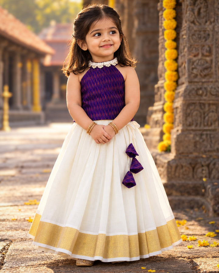 Traditional Onam cream violet Kerala cotton lehenga choli for girls 3 months to 7 years – Stanwells Kids