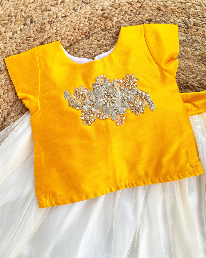 Cream and yellow Kerala combo dress for baby girls, traditional birthday frock, ethnic wear for kids, Kerala frock, Stanwells Kids ethnic collection