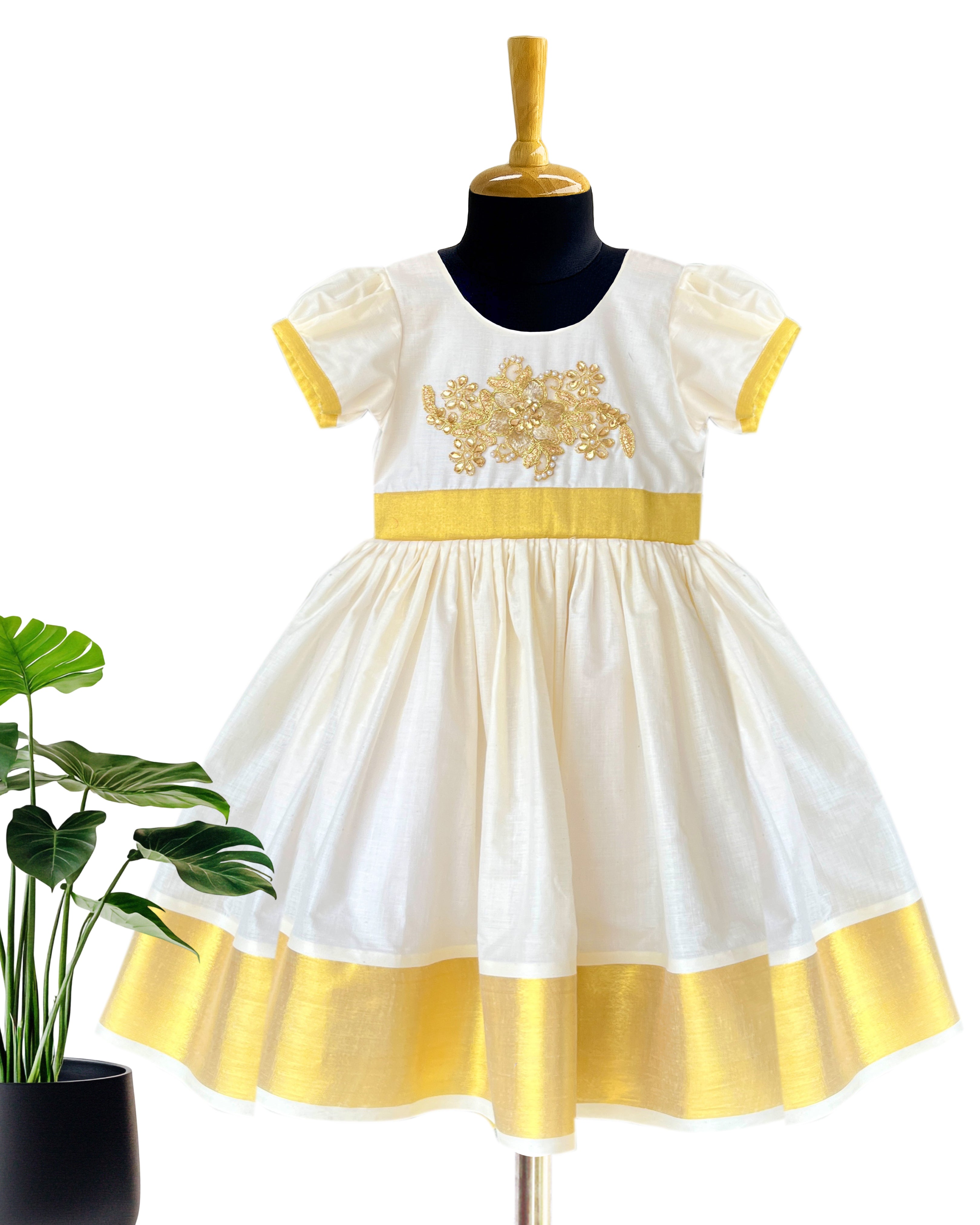 Cream and gold embroidered Kerala frock, traditional birthday dress for baby girls, ethnic cotton frock, Stanwells Kids ethnic wear