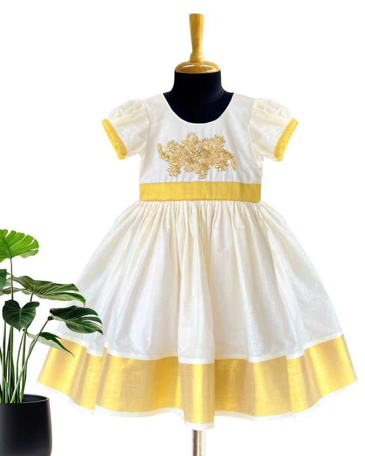 Cream and gold embroidered Kerala frock, traditional birthday dress for baby girls, ethnic cotton frock, Stanwells Kids ethnic wear
