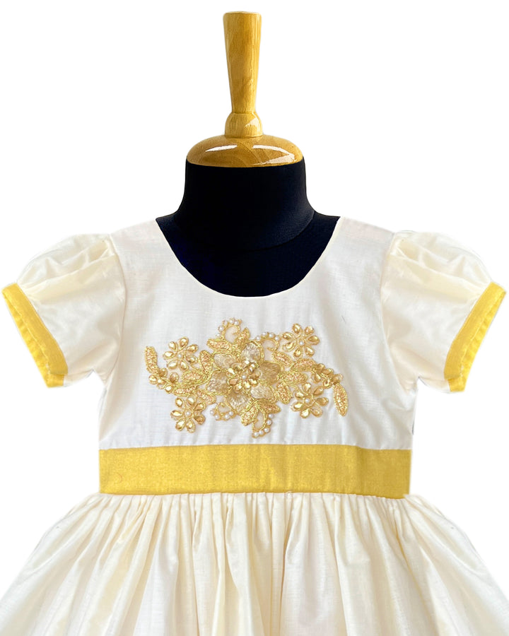 Cream and gold embroidered Kerala frock, traditional birthday dress for baby girls, ethnic cotton frock, Stanwells Kids ethnic wear