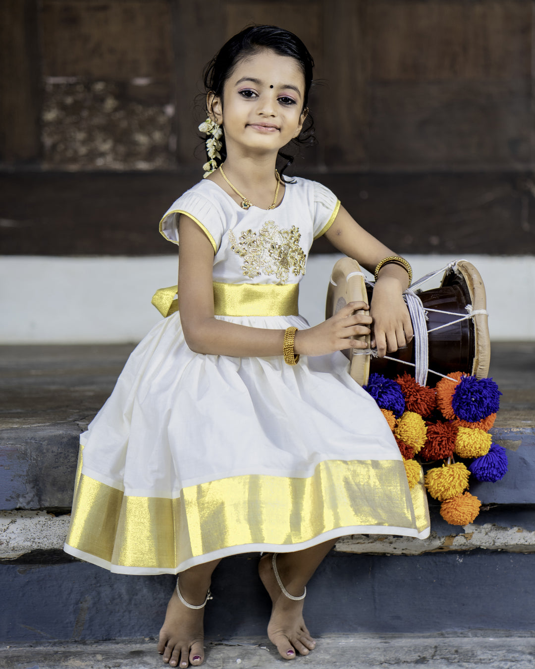 Cream and gold embroidered Kerala frock, traditional birthday dress for baby girls, ethnic cotton frock, Stanwells Kids ethnic wear