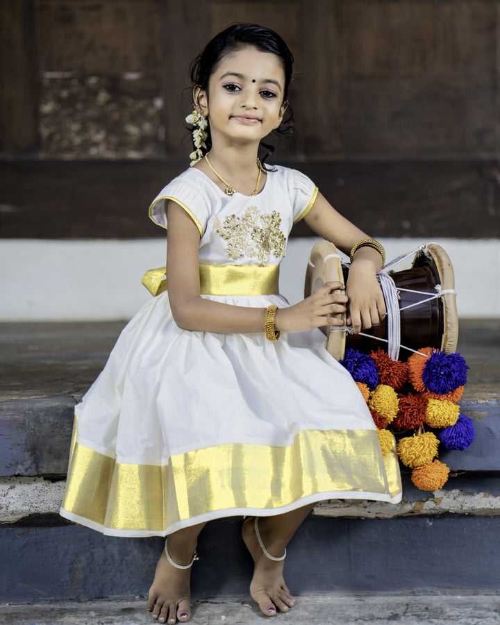 Cream and gold embroidered Kerala frock, traditional birthday dress for baby girls, ethnic cotton frock, Stanwells Kids ethnic wear