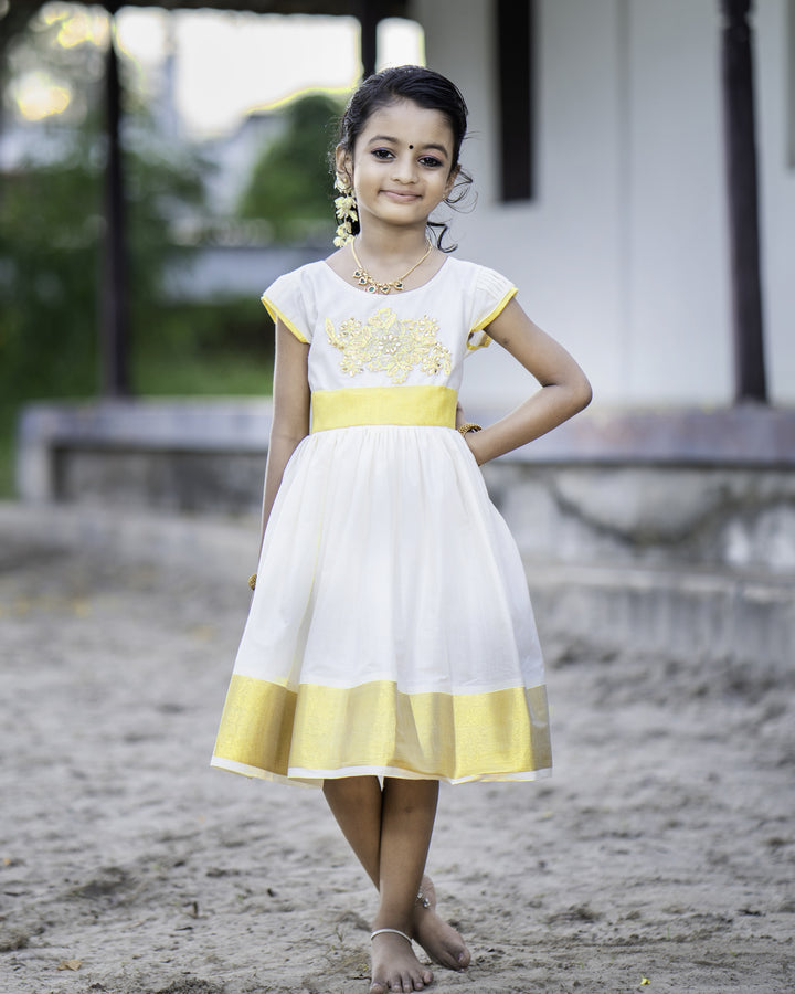 Cream and gold embroidered Kerala frock, traditional birthday dress for baby girls, ethnic cotton frock, Stanwells Kids ethnic wear