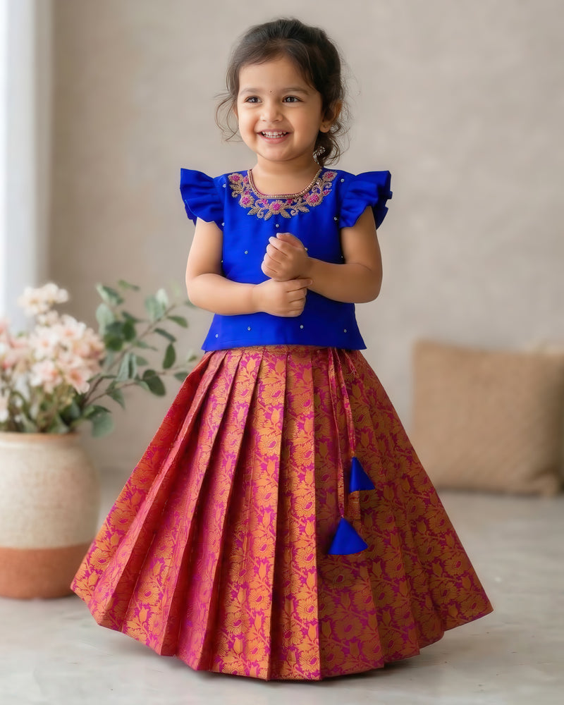 Dark Magenta Royal Blue Jacquard Silk Lehenga Choli for Baby Girl – Stanwells Kids