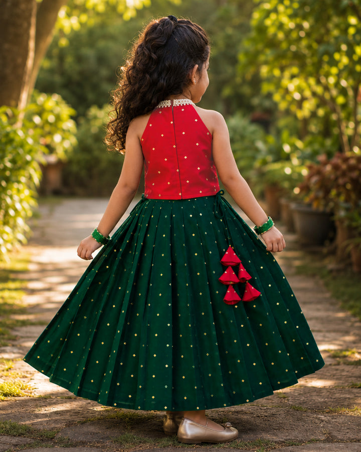 Dark green and red silk festive lehenga choli for baby girl – front view, Stanwells Kids