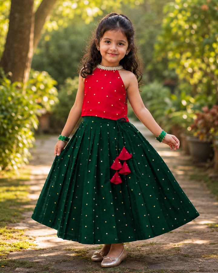Dark green and red silk festive lehenga choli for baby girl – front view, Stanwells Kids