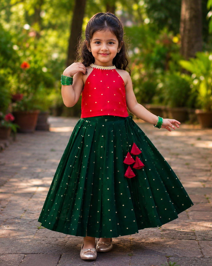 Dark green and red silk festive lehenga choli for baby girl – front view, Stanwells Kids