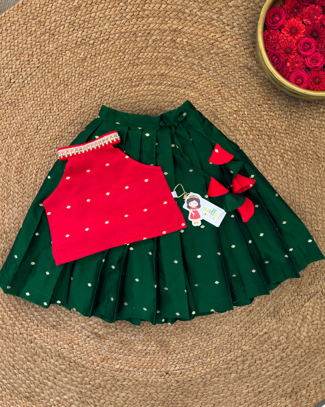 Dark green and red silk festive lehenga choli for baby girl – front view, Stanwells Kids