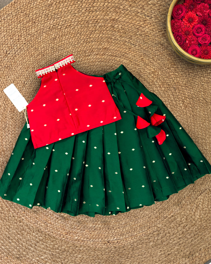 Dark green and red silk festive lehenga choli for baby girl – front view, Stanwells Kids