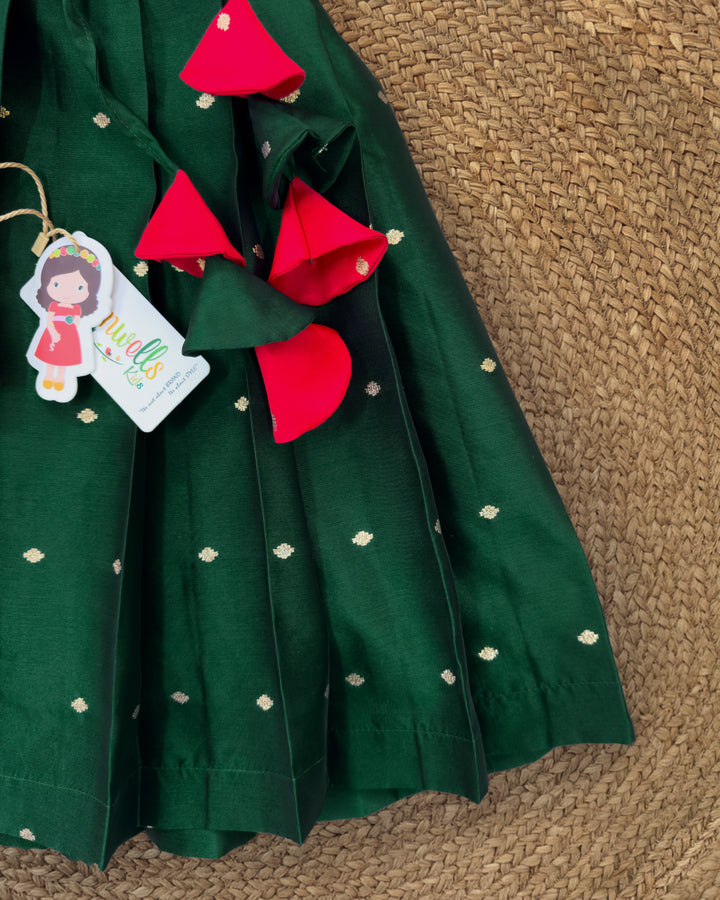 Dark green and red silk festive lehenga choli for baby girl – front view, Stanwells Kids