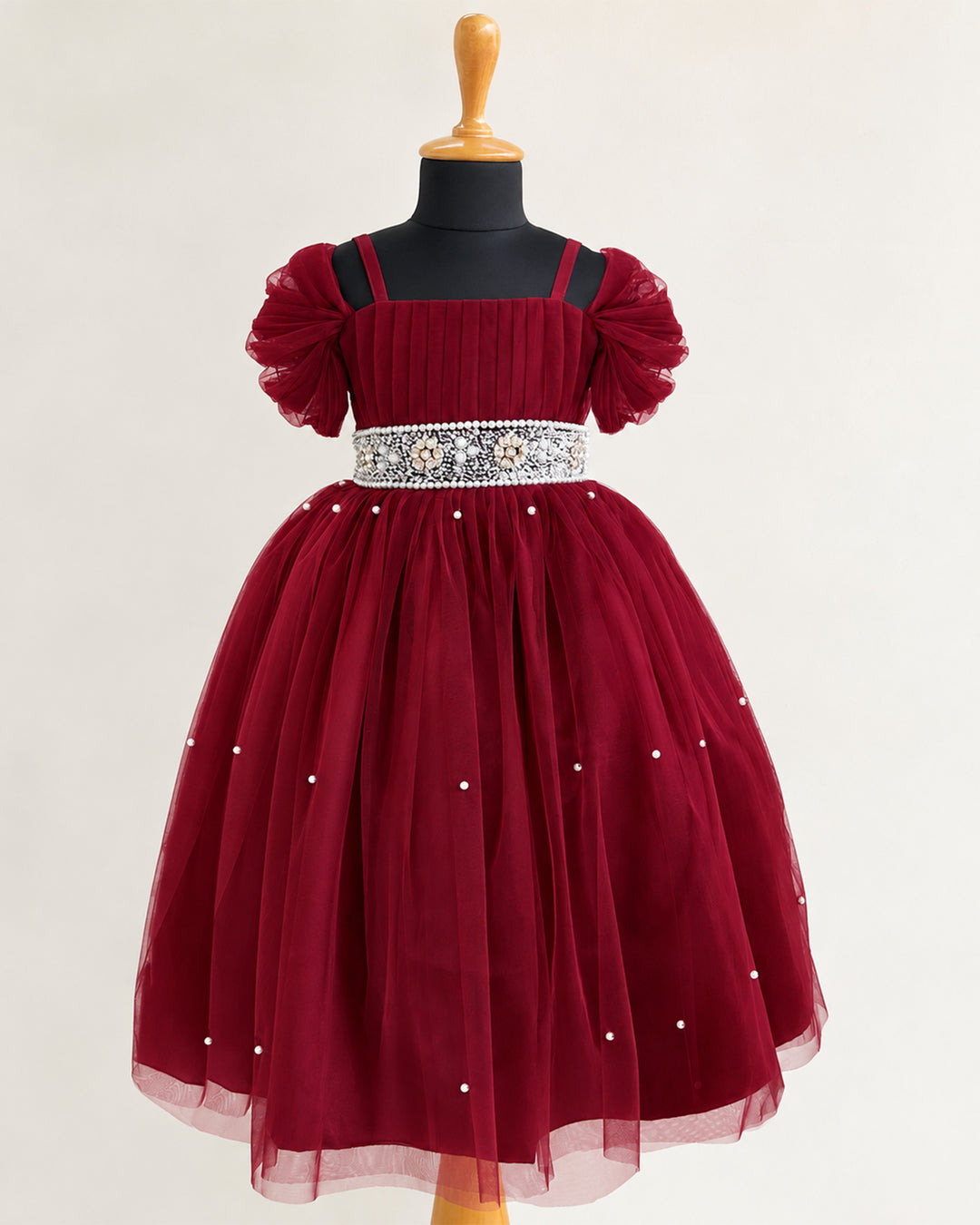 Dark maroon burgundy pearl handwork full birthday gown for baby girl – front view, Stanwells Kids