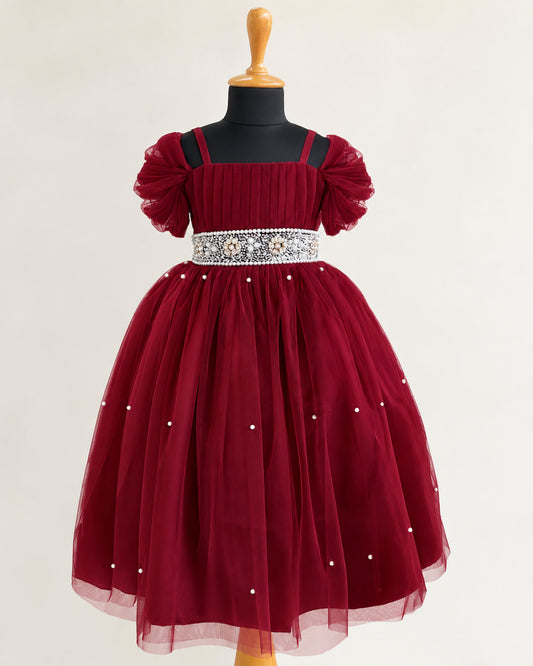 Dark maroon burgundy pearl handwork full birthday gown for baby girl – front view, Stanwells Kids