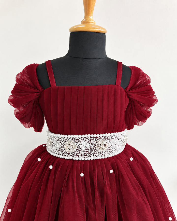 Intricate pearl handwork yoke on dark maroon burgundy full gown – Stanwells Kids
