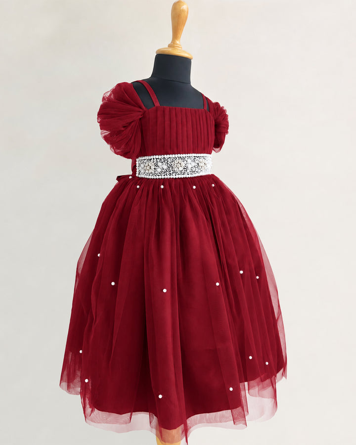 Dark maroon pearl handwork birthday gown side view for baby girl – Stanwells Kids