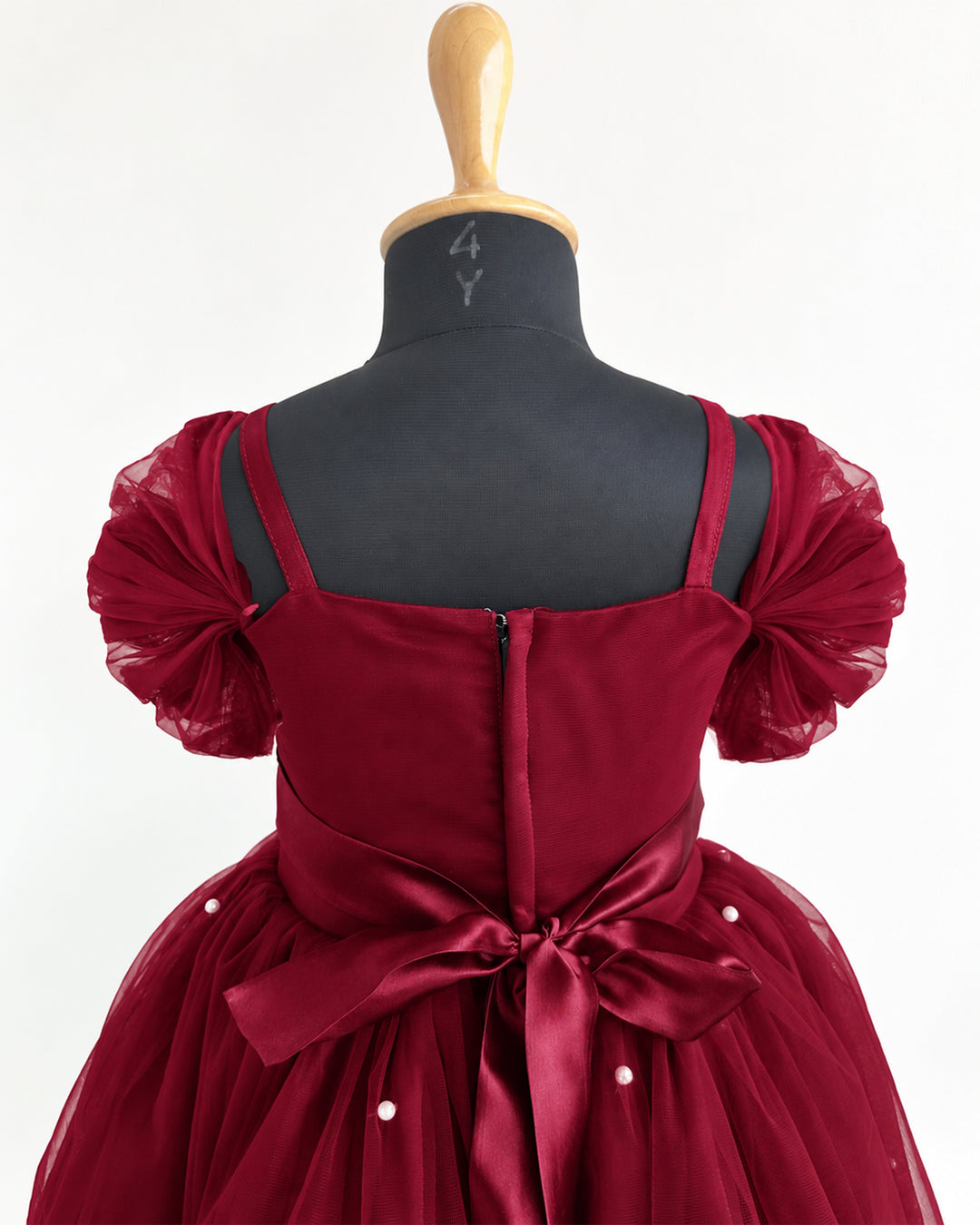 Back view of dark maroon burgundy pearl handwork full birthday gown – Stanwells Kids