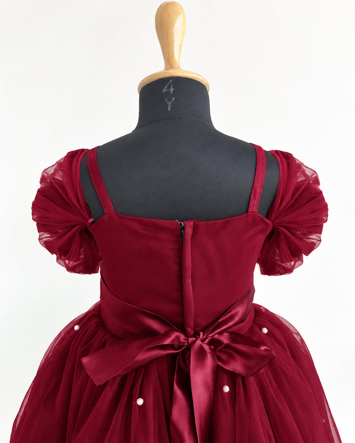 Back view of dark maroon burgundy pearl handwork full birthday gown – Stanwells Kids