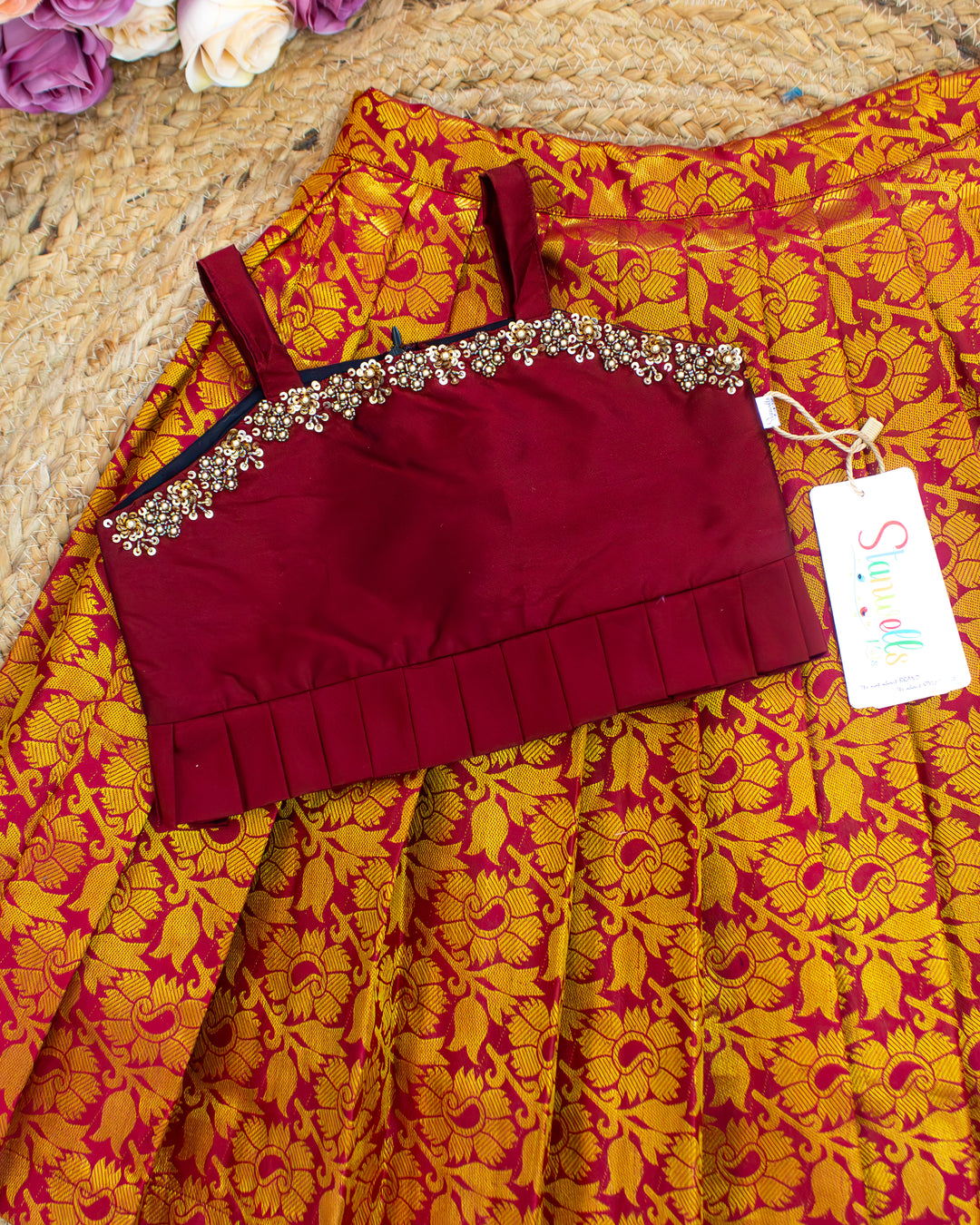 Handwork Neckline Detail – Dark Maroon Silk Pattu Lehenga – Stanwells Kids