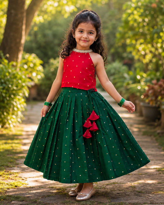 Dark green and red silk festive lehenga choli for baby girl – front view, Stanwells Kids
